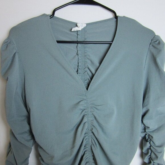 Joie Blouse Ruched Long Sleeve V-Neck Shirt Blue Teal Puff Sleeve Womens XS - Picture 2 of 7